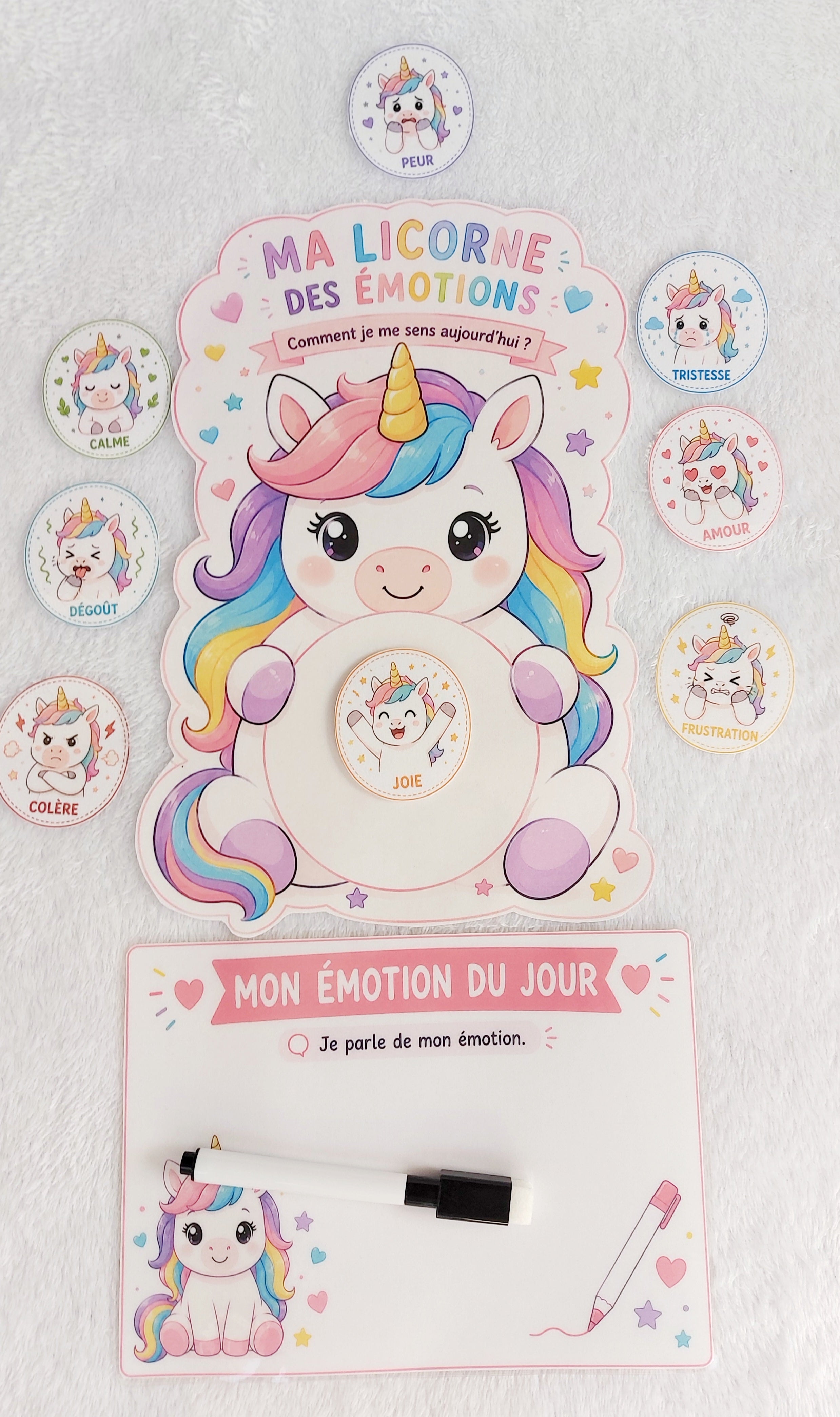Ma Licorne des Émotions – Support éducatif plastifié avec cartes émotions et fiche effaçable