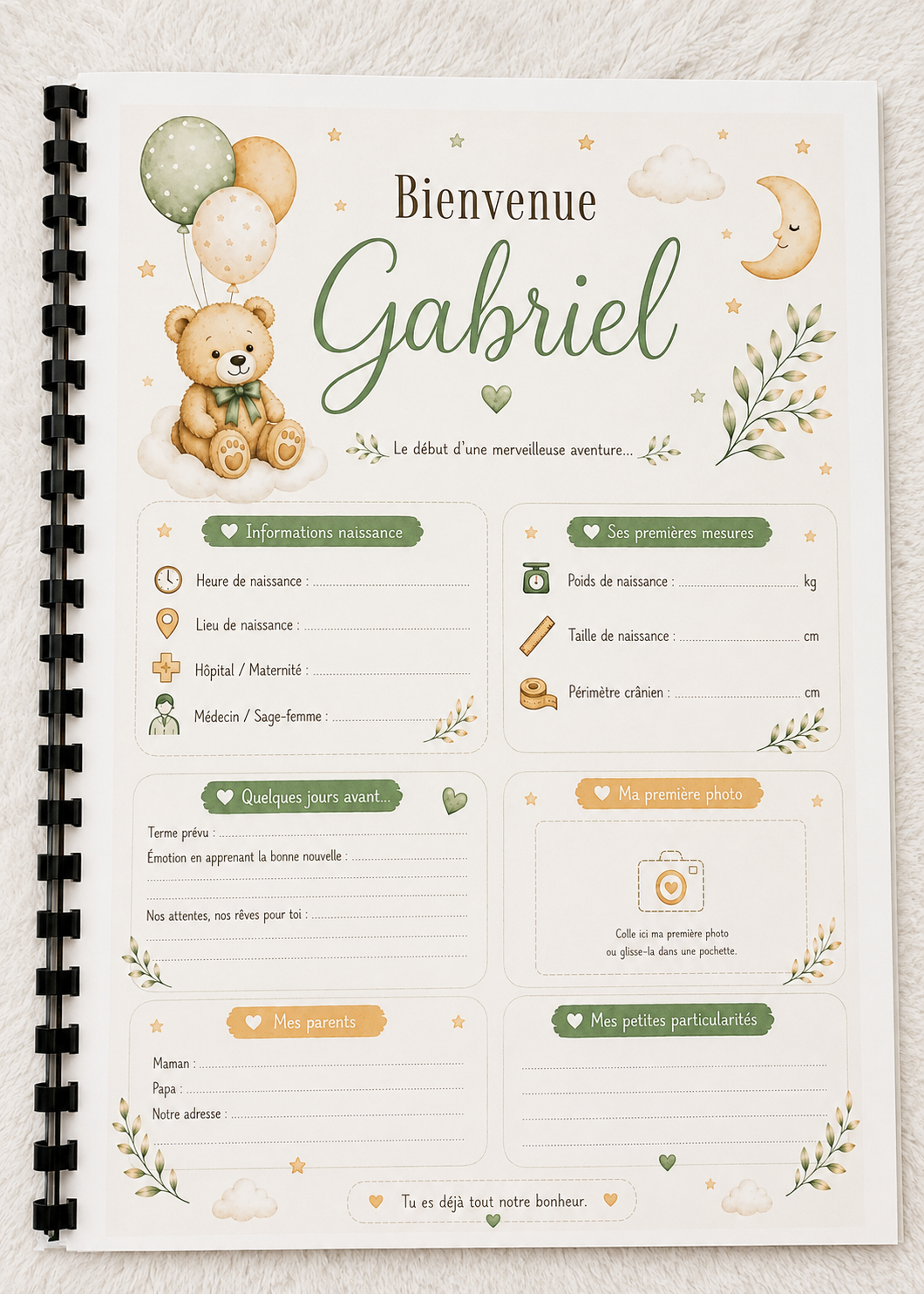 Carnet de suivi bébé garçon personnalisé – 30 pages