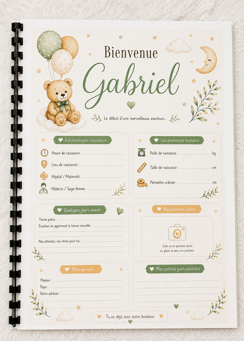 Carnet de suivi bébé garçon personnalisé – 30 pages