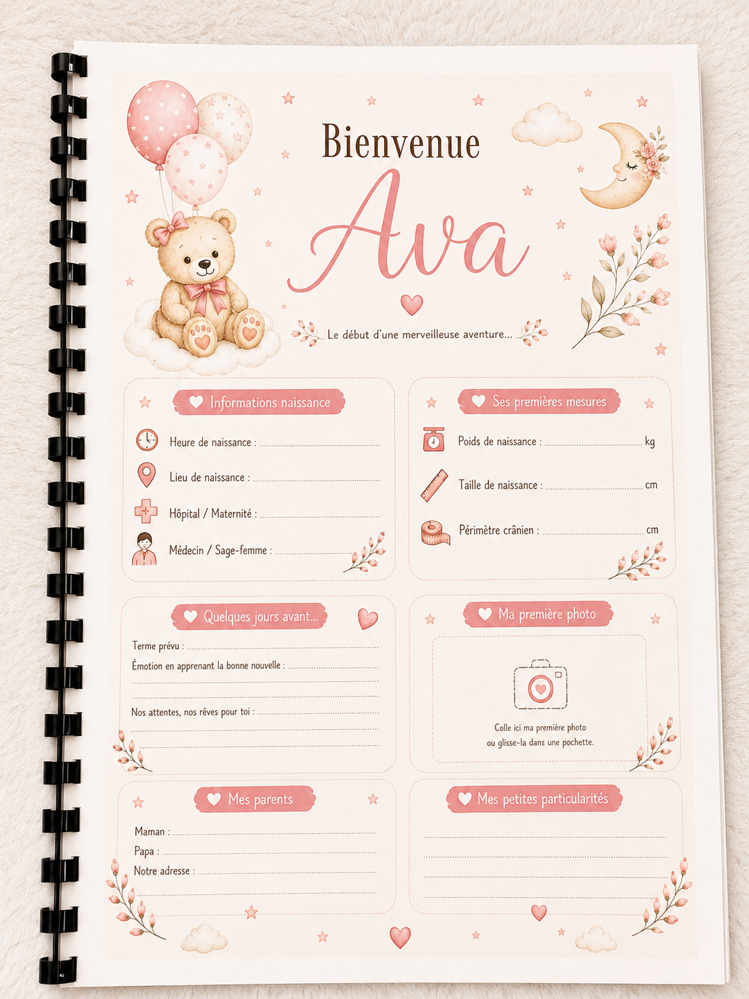 Carnet de suivi bébé fille personnalisé – 30 pages
