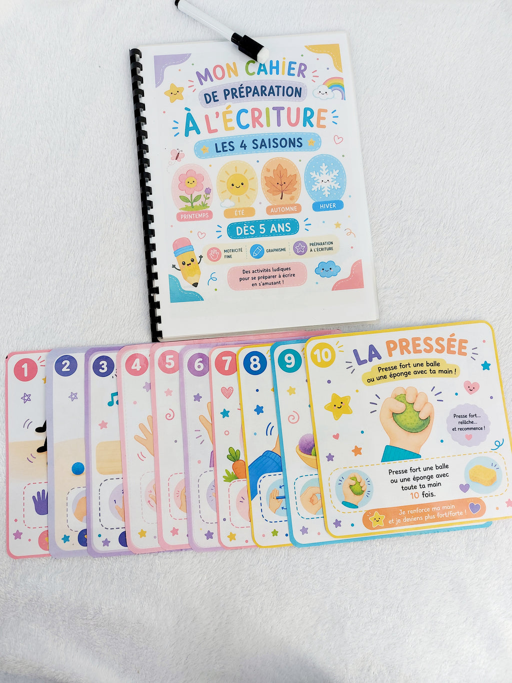 Pack Préparation à l'écriture – Livret réutilisable + 10 cartes de motricité fine | Dès 5 ans