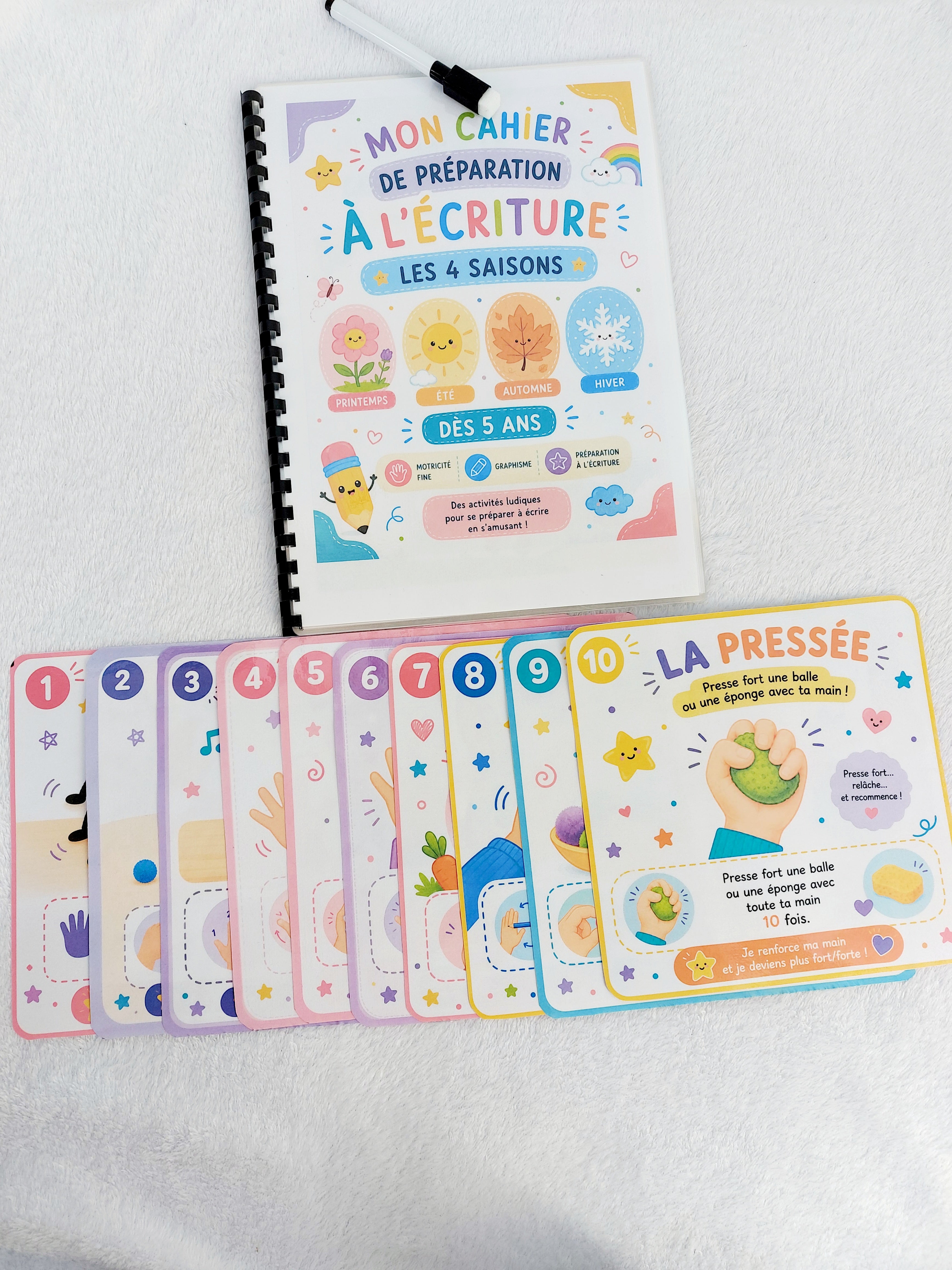 Pack Préparation à l'écriture – Livret réutilisable + 10 cartes de motricité fine | Dès 5 ans